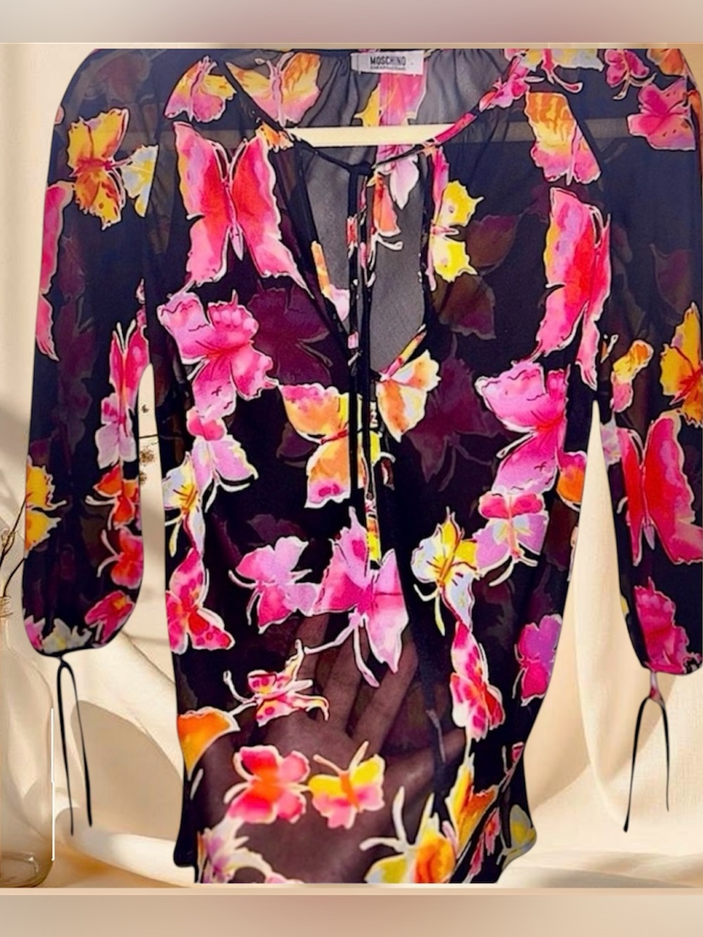 Moschino Y2K | 90s | 2000’s | Butterfly Print Sheer Blouse | Black + Pink